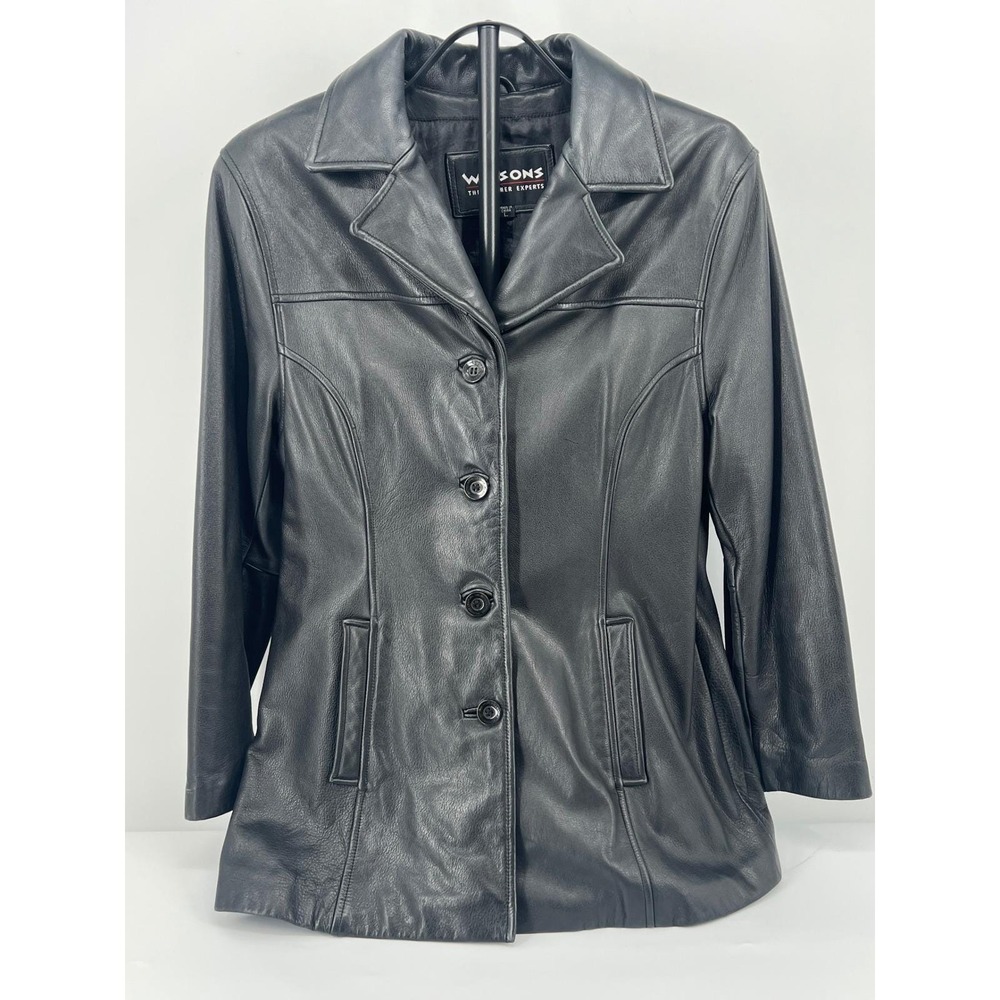 Wilsons Leather Jacket Black Buttoned Mid Length Coat Womens Large 90s Retro